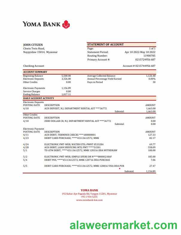 Myanmar Yoma bank statement Excel and PDF template